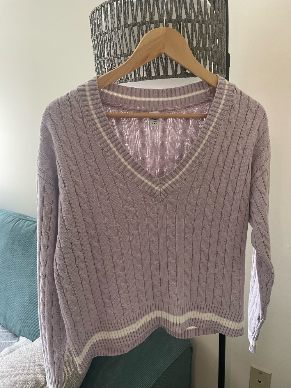 Lavender Cable-Knit V-Neck Sweater